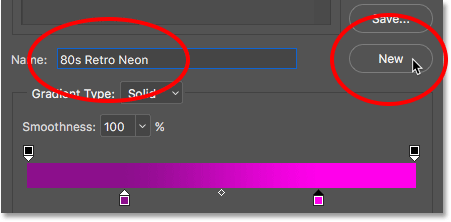 Naming and saving the new gradient preset. 