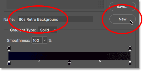 Entering a name for the new gradient preset, then clicking the New button. 