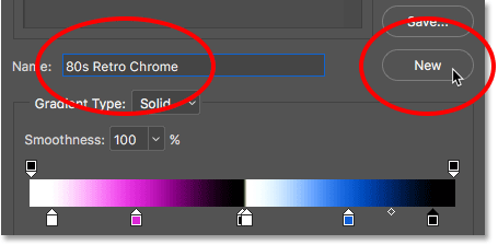 Naming and saving the custom gradient as a preset. 