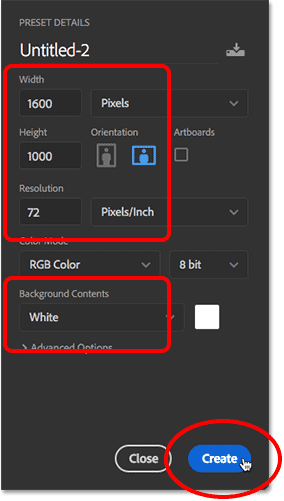 Setting the Width, Height, Resolution and Background Contents options in Photoshop CC. 