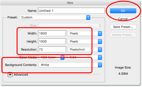 Setting the Width, Height, Resolution and Background Contents options in Photoshop CS6. 