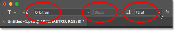 Setting the font family and font size in the Options Bar. 