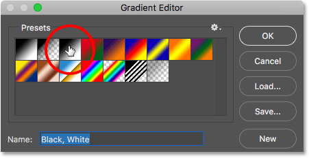 Selecting the Black, White gradient in the Gradient Editor. 