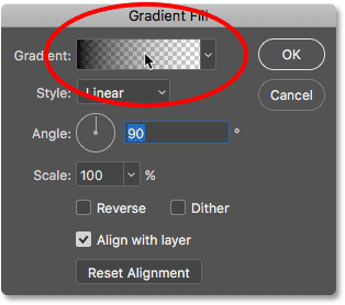 النقر فوق عينة اللون في شاشة Gradient Fill. 