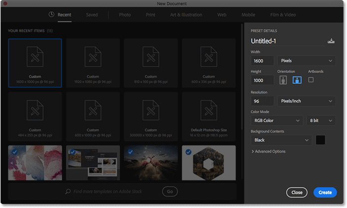 The redesigned New Document dialog box in Photoshop CC. The Preset Details panel is highlighted. 