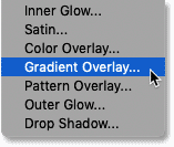 Choosing a Gradient Overlay effect in Photoshop's Layers panel