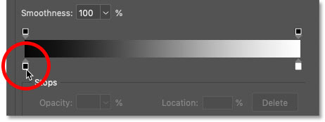 Double-clicking on the black color stop to change the color in Photoshop's Gradient Editor