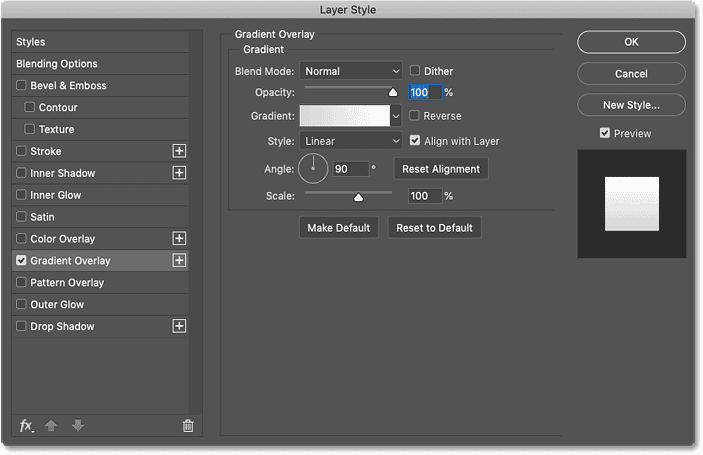 The Gradient Overlay options in Photoshop's Layer Style dialog box