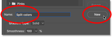 Naming and saving the gradient as a custom preset in Photoshop's Gradient Editor