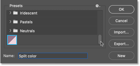 The gradient has been saved as a custom preset in Photoshoo's Gradient Editor