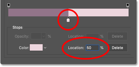 Changing the Location of the right gradient color to 50 percent in Photoshop's Gradient Editor