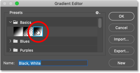 Choosing the Black, White gradient in Photoshop