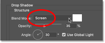 Changing the blend mode of the drop shadow to Screen in Photoshop