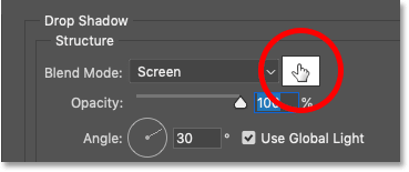 Clicking the Drop Shadow's color swatch to change the shadow color in Photoshop