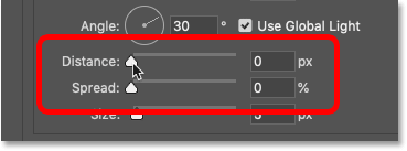 Setting the Distance and Spread options for the Drop Shadow in Photoshop