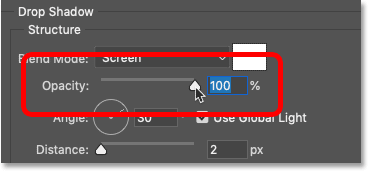 Increasing the opacity of the drop shadow to 100 percent in Photoshop