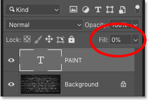 Lowering the Fill of the Type layer to 0 percent in Photoshop