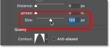 Increasing the Size value for the Drop Shadow in Photoshop