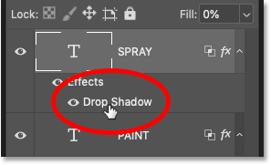 Reopening the Drop Shadow layer effect for the word 'SPRAY' in the Layers panel in Photoshop