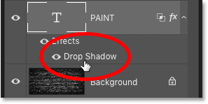 Reopening the Drop Shadow layer effect for the word 'PAINT'in the Layers panel in Photoshop