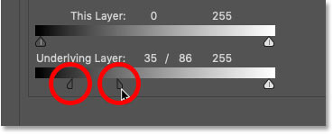 Dragging the black Blend If slider into two halves in Photoshop