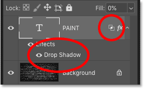 The Type layer in Photoshop showing the Drop Shadow effect and the advanced blending options