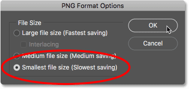 Setting the PNG format options in Photoshop