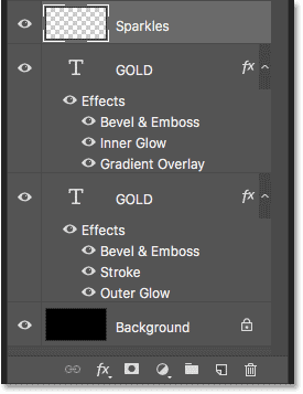 The Layers panel showing the text effect layers and the Background layer