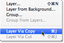 Selecting the New Layer via Copy command from the Layers menu.