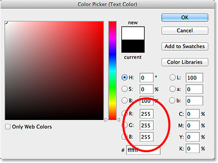 Setting the R, G and B values to white in the Color Picker.