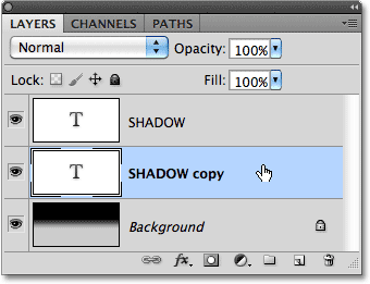 Drag the copied text layer below the original. Image © 2010 Photoshop Essentials.com.