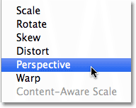 Choosing Perspective from the Transform options. Image © 2010 Photoshop Essentials.com.