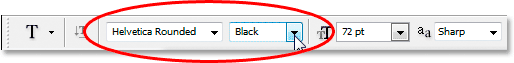 Adobe Photoshop Text Effects: Choosing the font in the Options Bar.