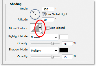 تأثيرات نص Adobe Photoshop: النقر فوق السهم الذي يشير لأسفل بجانب مصغر معاينة Contour.