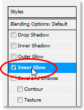 تأثيرات نص Adobe Photoshop: النقر فوق الكلمات "Inner Glow" في قائمة أنماط الطبقة.