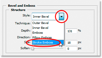 تأثيرات Adobe Photoshop Text: تغيير النمط إلى "Stroke Emboss".