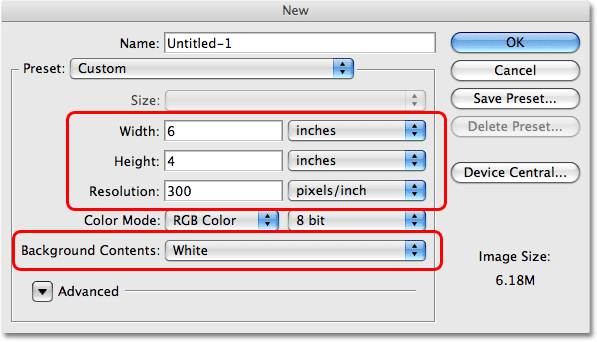 The New Document dialog box in Photoshop. Image © 2009 Photoshop Essentials.com