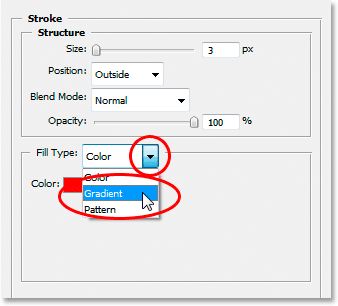 Change the stroke's fill type from 'Color' to 'Gradient'.