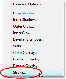 Selecting 'Stroke' from the list of Layer Styles.